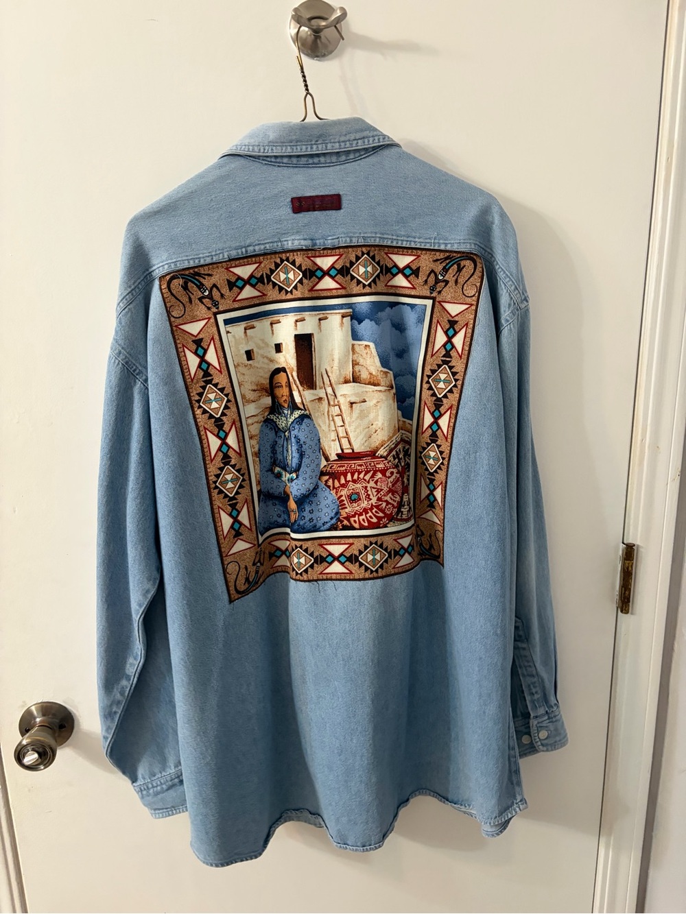 Upcycled Columbia Light Blue Denim Button-Down Shirt with SouthwesternPrint